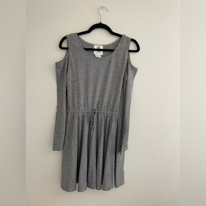 Heather Grey cold shoulder a line dress with waist cinching drawstring NWOT